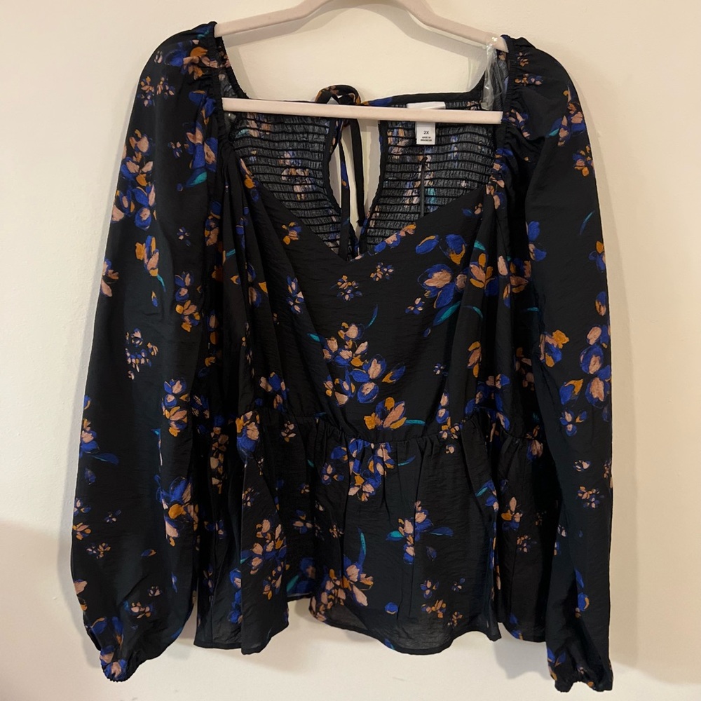 Plus| Ava And Viv Peplum Top Black Floral Puff Sleeve Blouse
